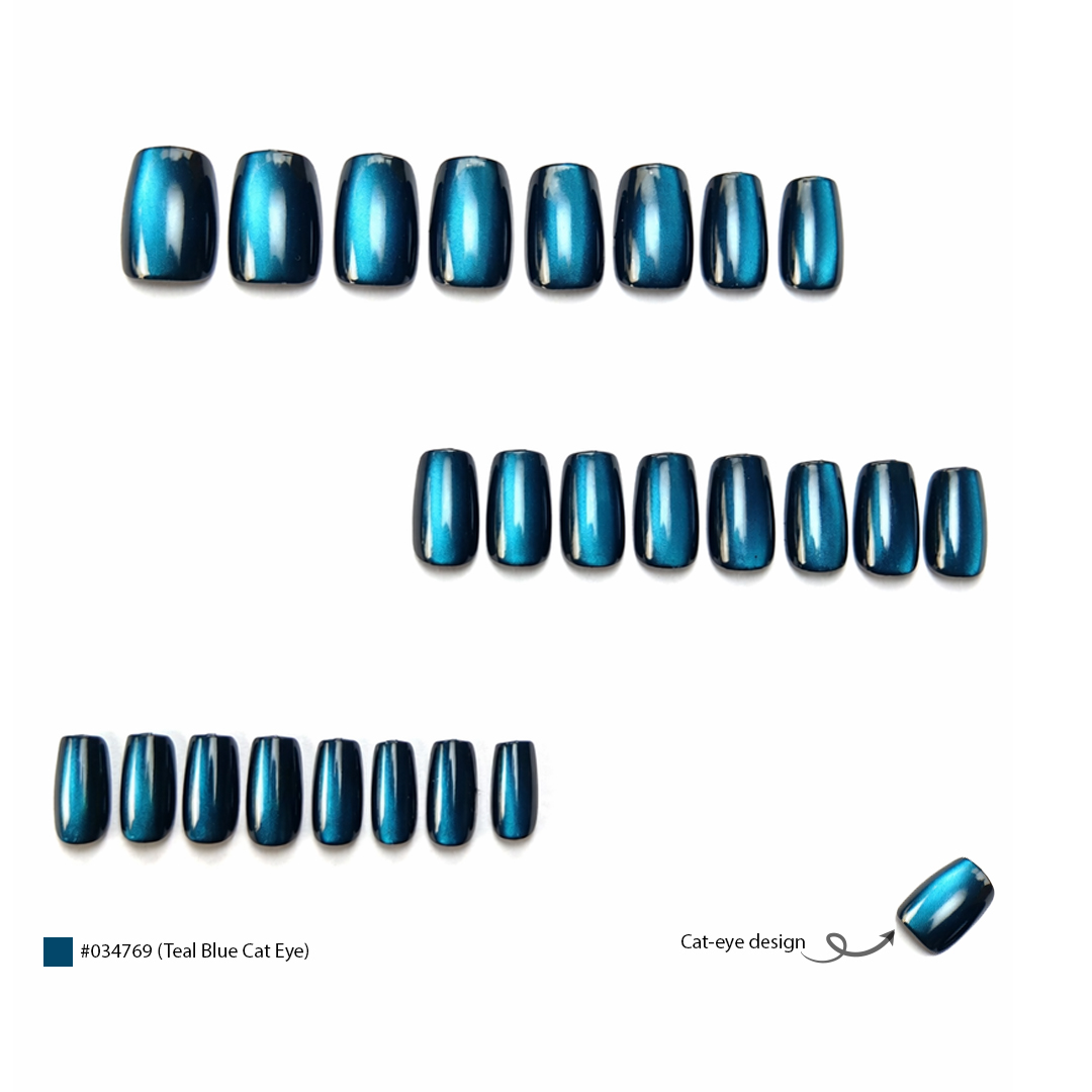 PRESS ON NAILS SQUARE CAT-EYE MIDNIGHT TEAL PULSE