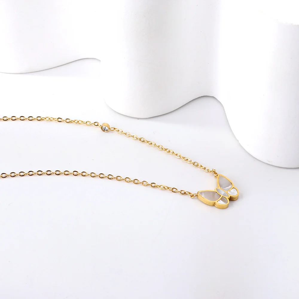 Butterfly White Shell Pendant + White Diamond Necklace 40+5cm - Image 3