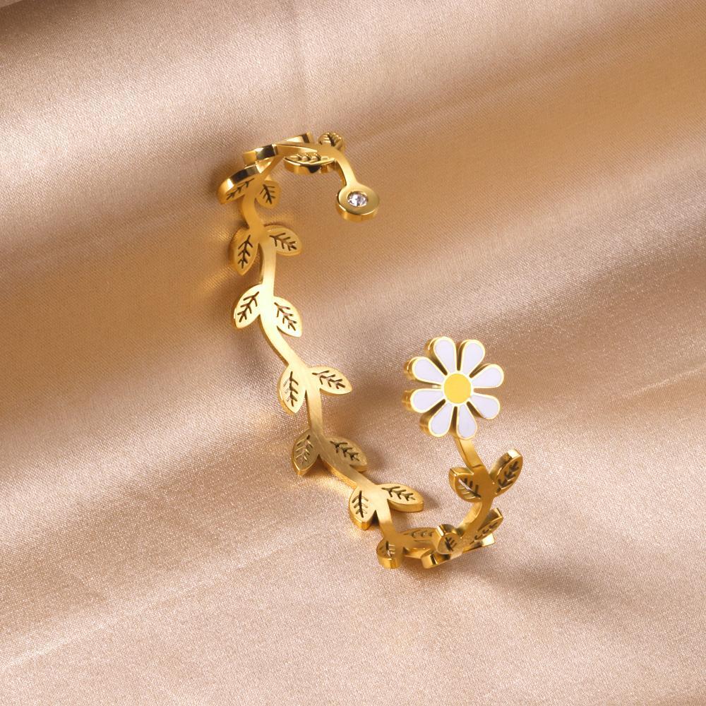 Daisy Cuff Bangles Gold Color Plant Boho Opening Bracelets For Elegant Ladies Fairy Girls Jewelry - Image 4